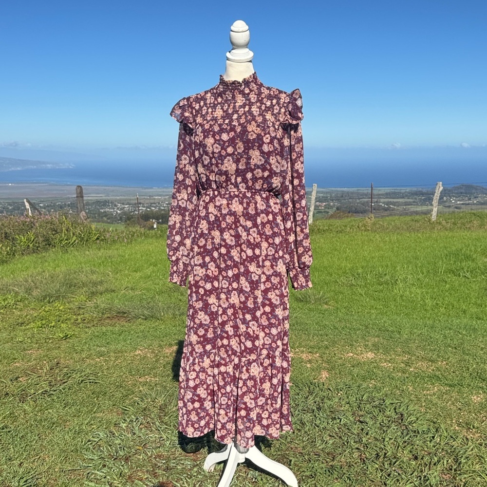 By the River Chiffon Smocked burgundy Floral Midi Dress Medium NWT